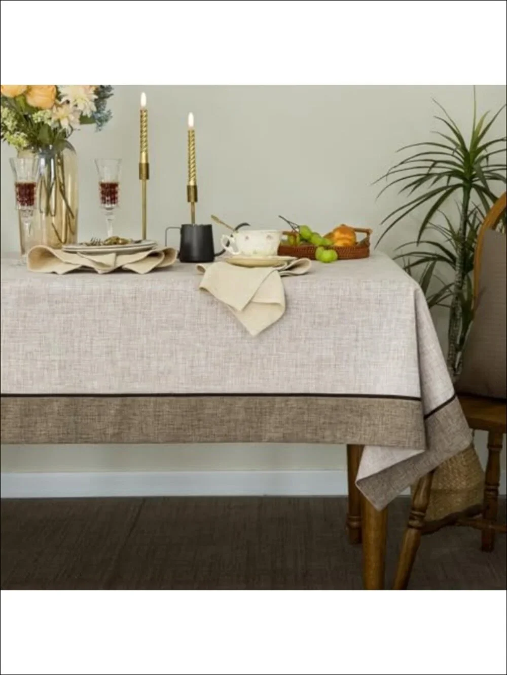 Linen Style Tablecloth 55x102 Rectangular Mitered Border Washable Dining